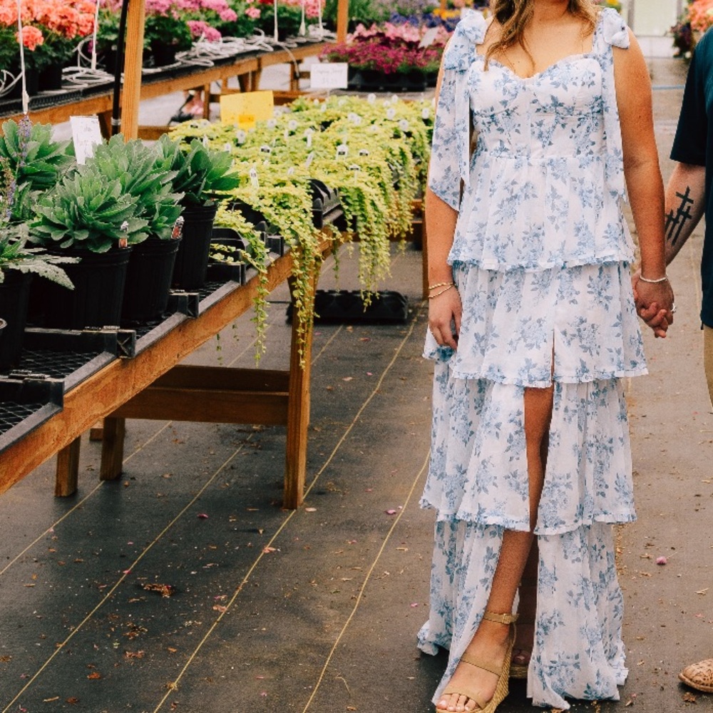 B Darlin Blue and White Asymmetrical Ruffled Maxi Dress